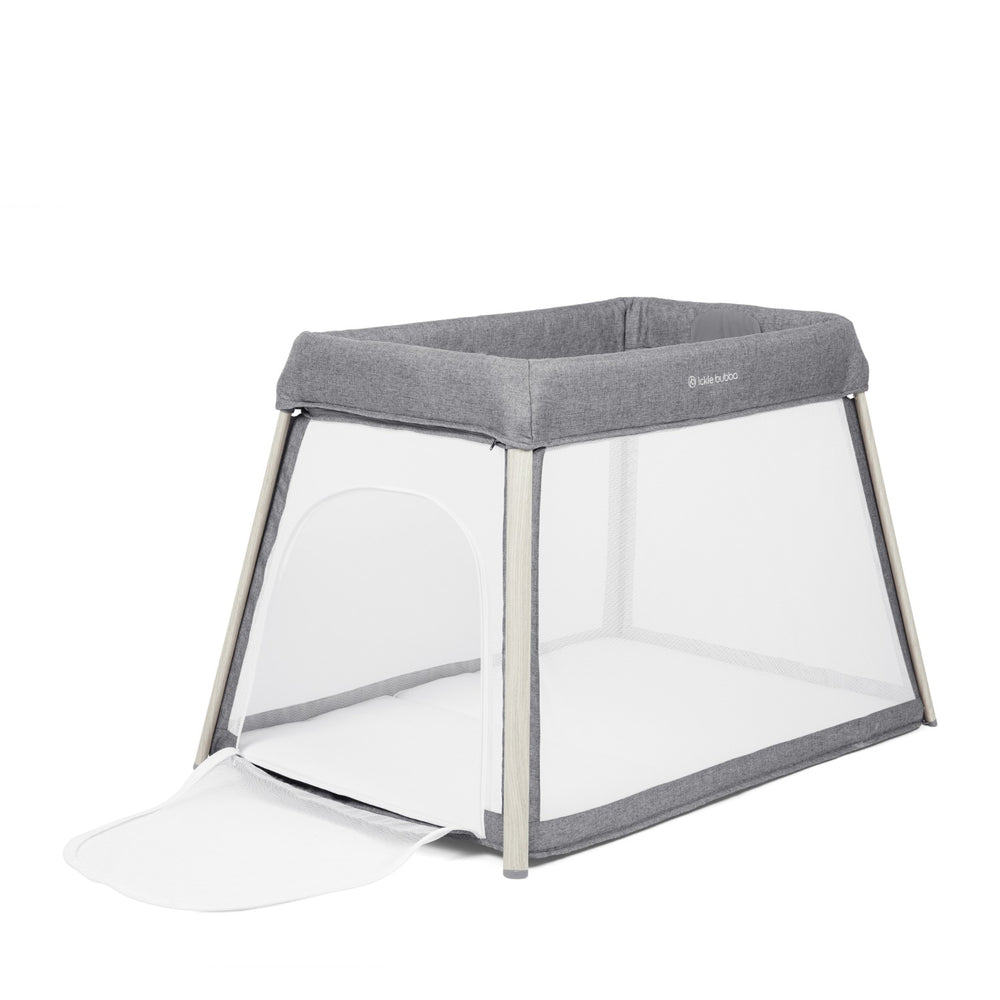 Angled left view of Ickle Bubba Scout 3-in-1 Travel Crib, Cot and Playpen with opened zip door