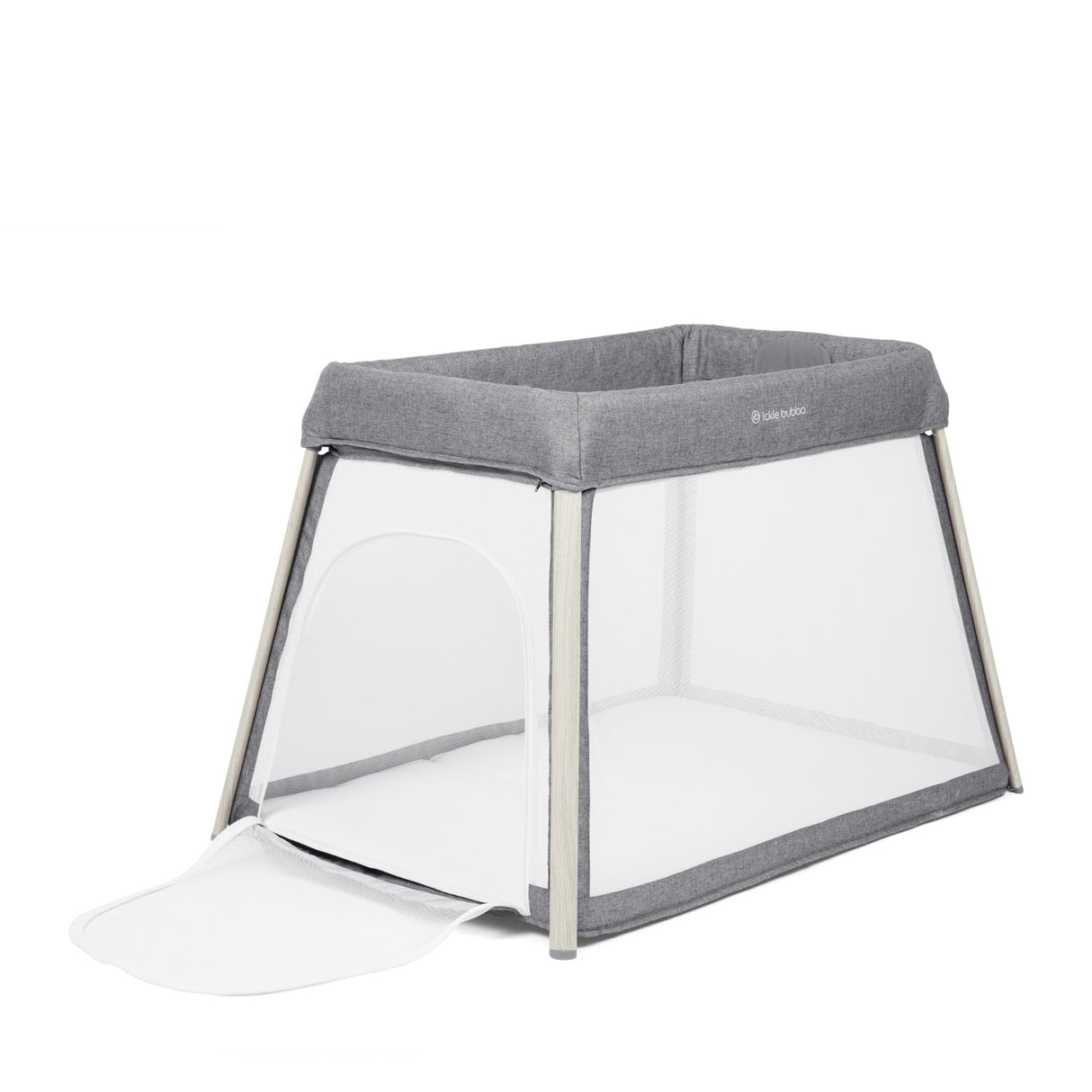 Angled left view of Ickle Bubba Scout 3-in-1 Travel Crib, Cot and Playpen with opened zip door