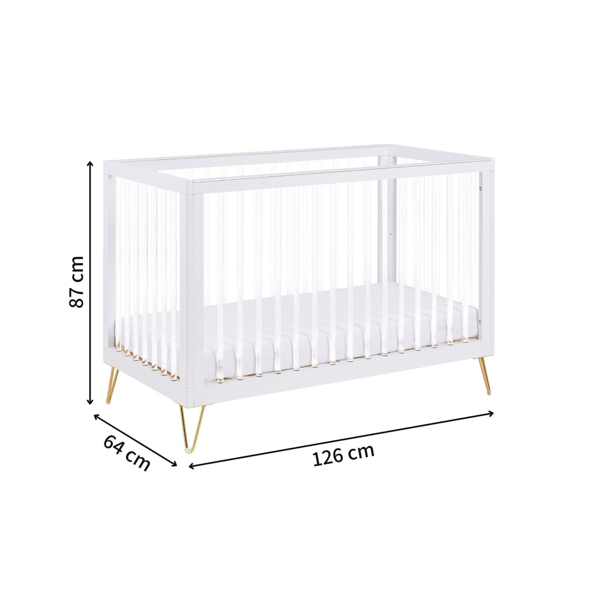 Babymore Kimi Acrylic 2-in-1 Cot Bed with dimensions