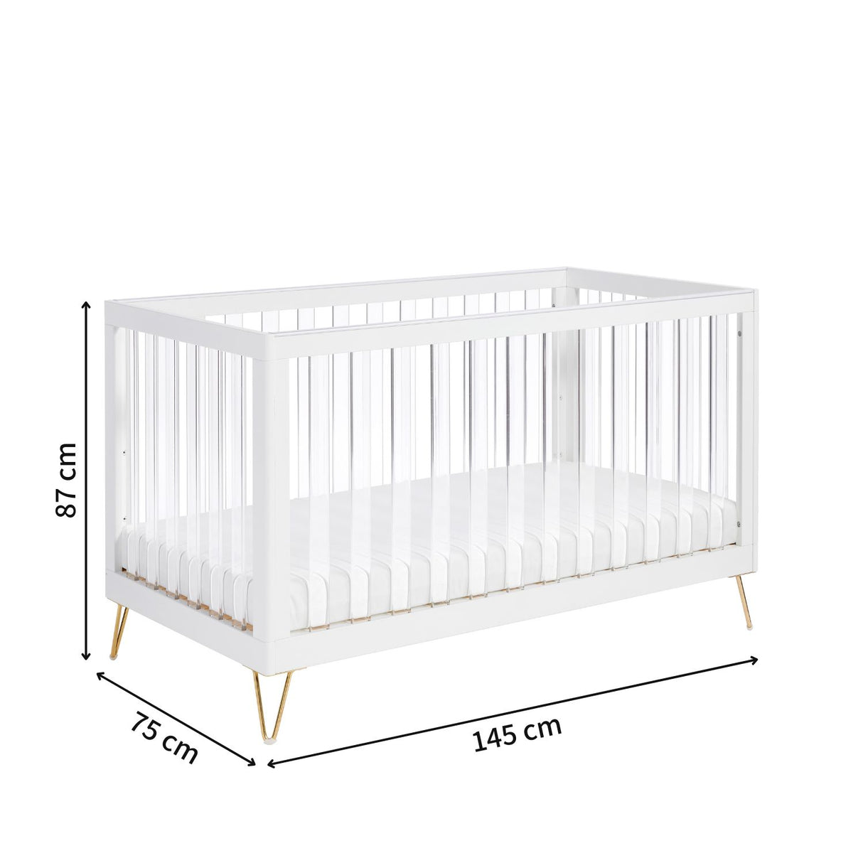 Babymore Kimi XL Acrylic Cot Bed with dimensions