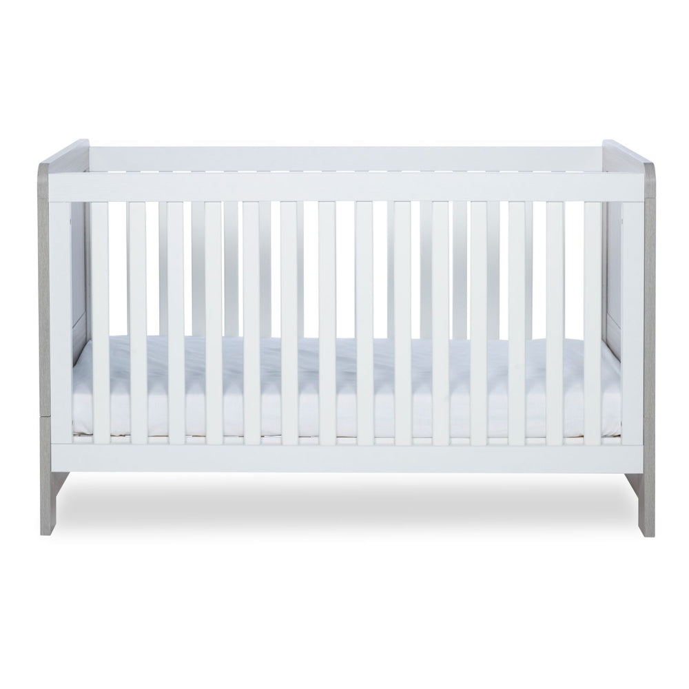 Lowest mattress height position in Ickle Bubba Pembrey Cot Bed in Ash Grey and White colour