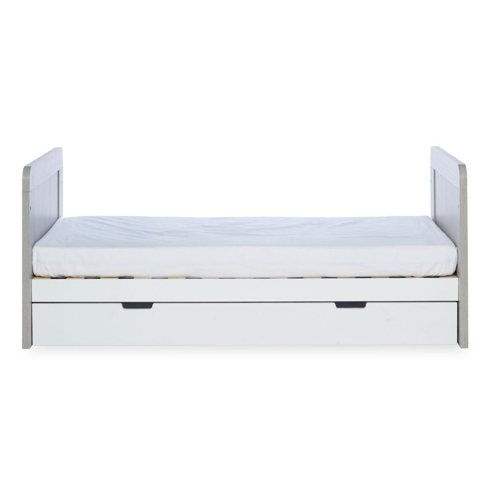 Front angle of Ickle Bubba Pembrey Cot Bed with Under Drawer in Ash Grey and White colour in toddler bed mode