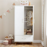 Babymore Kimi Acrylic Nursery Wardrobe with one opened door storing baby clothes inside