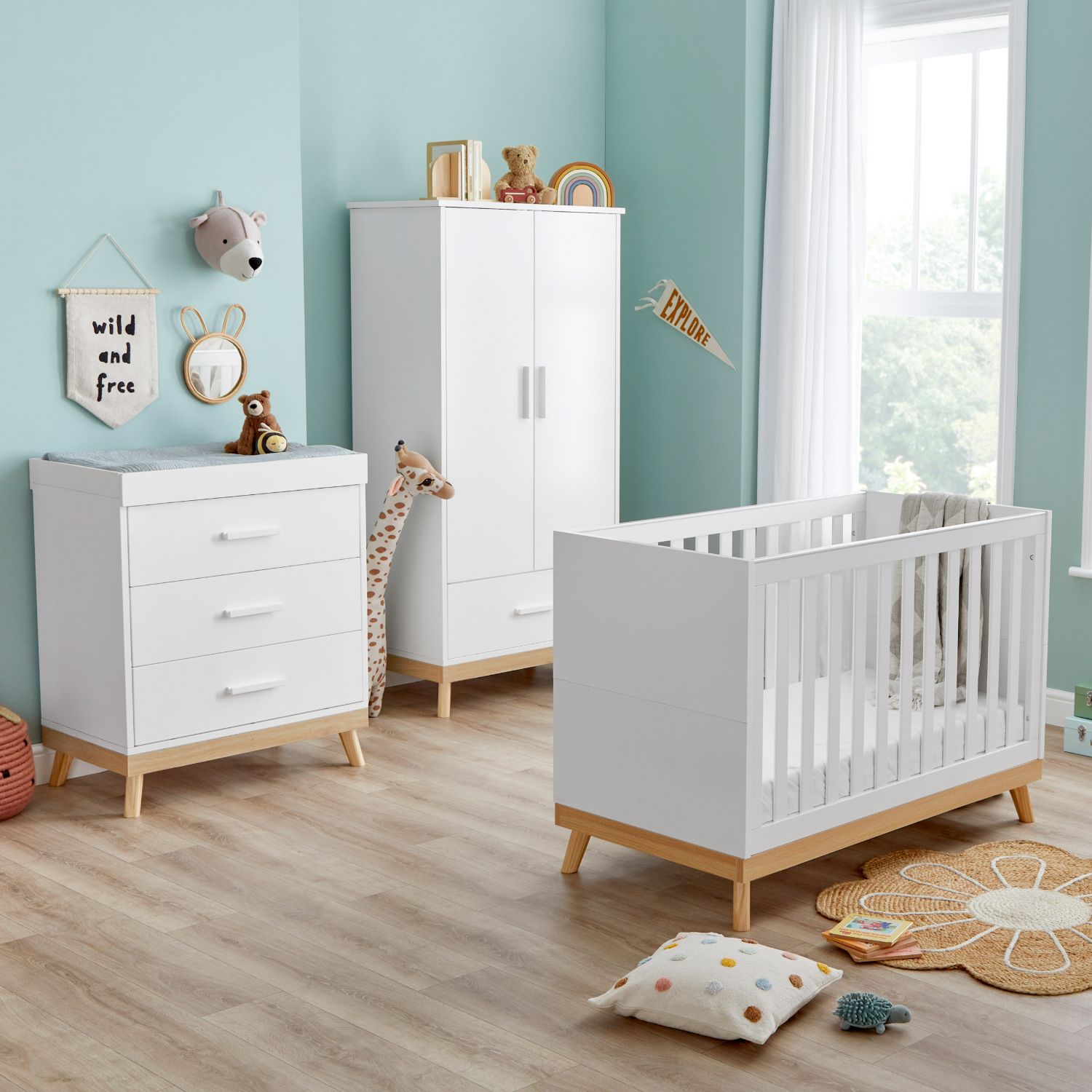 Babymore Mona Mini Cot Bed with Mona Chest Changer and Mona Nursery Wardrobe
