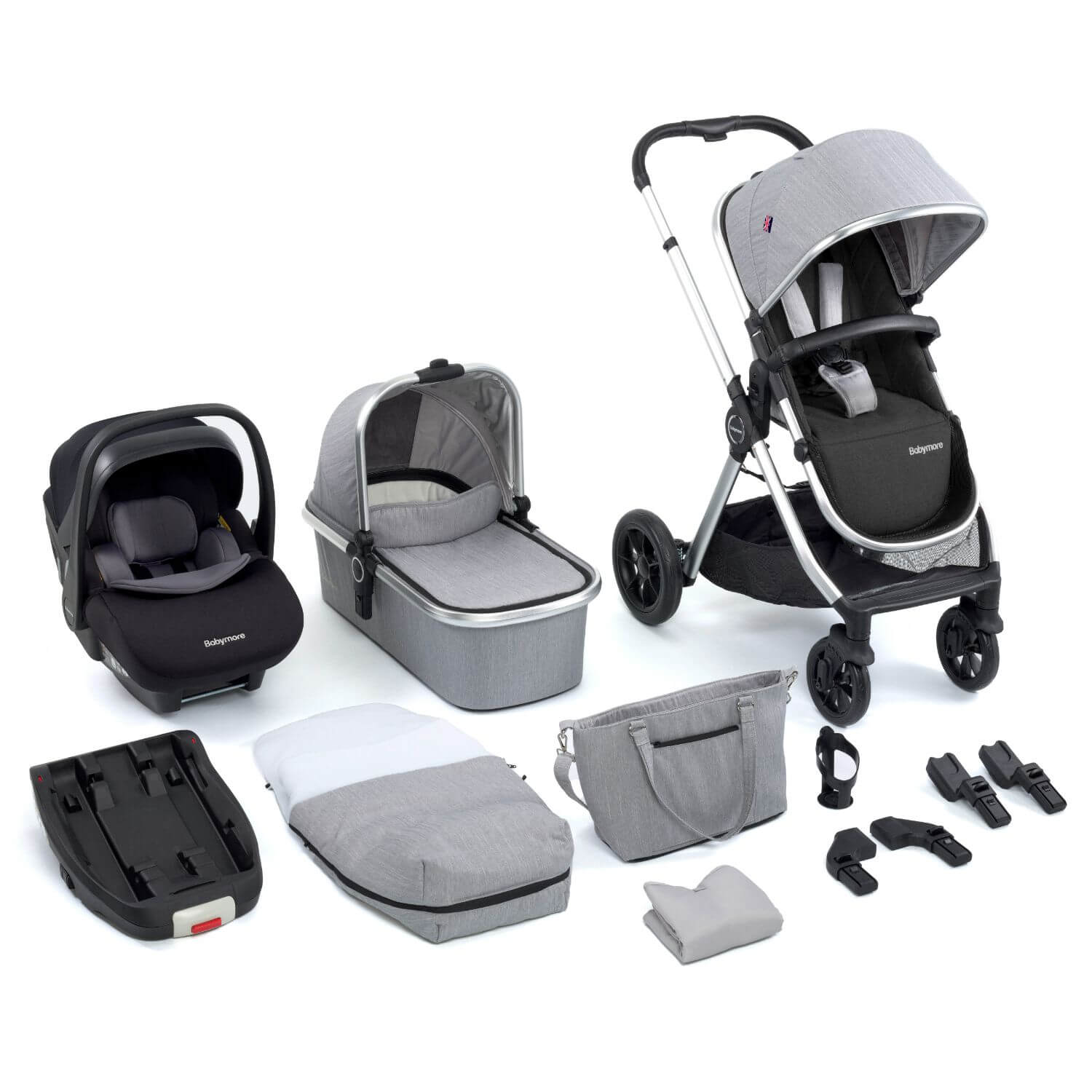 Bundle of Babymore MeMore V2 Travel System with Pecan i-Size Car Seat and ISOFIX Base
