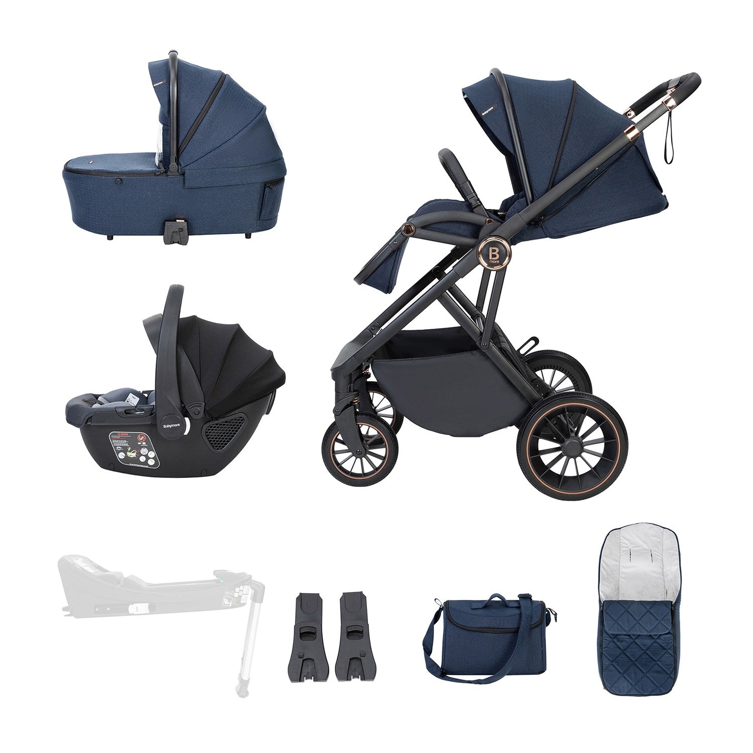 The inclusions in Babymore Chia 3-in-1 Travel System with Coco i-Size car seat bundle in Midnight Blue colour