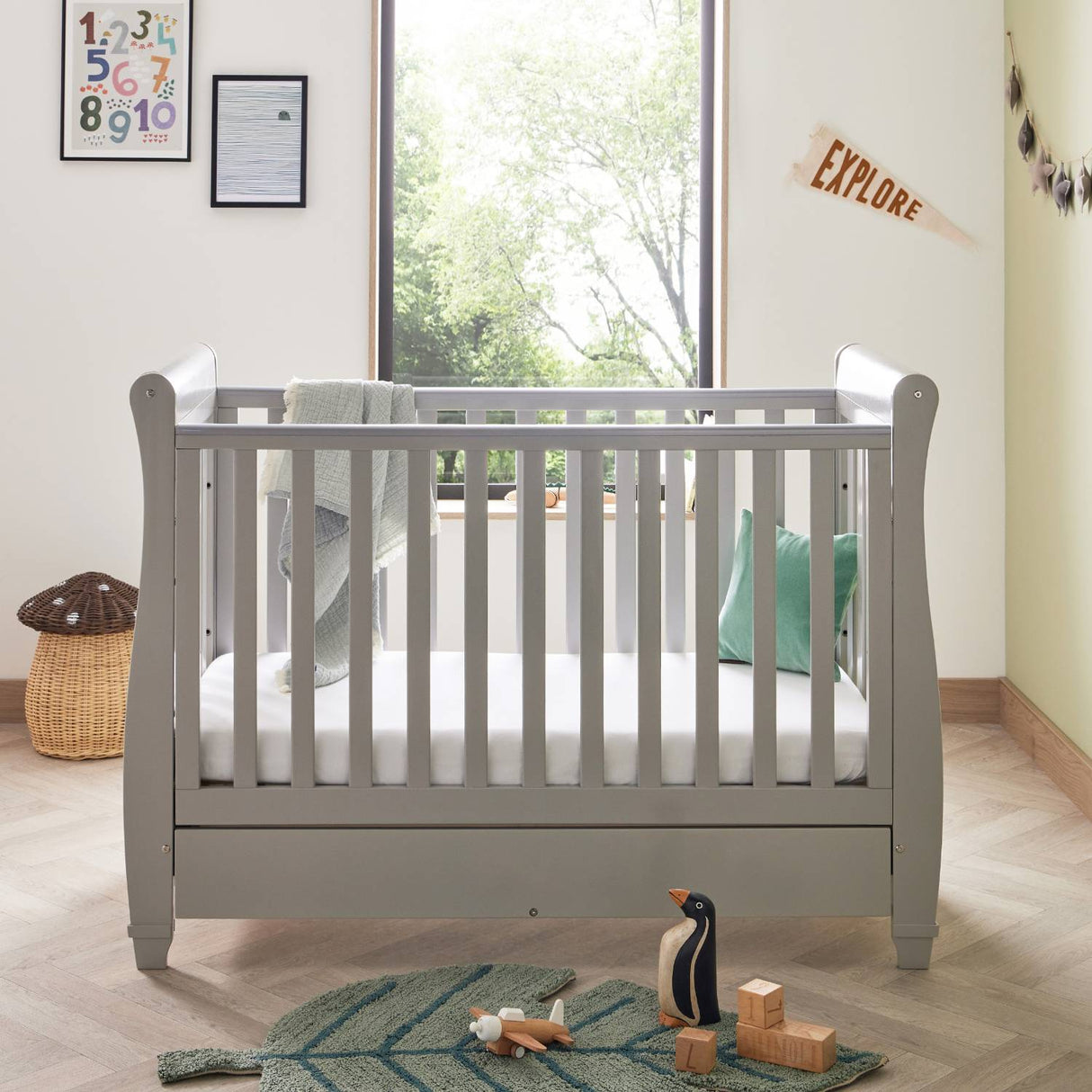 Babymore 2-in-1 Eva Sleigh Drop Side Cot Bed With Drawer Storage (0-4yrs)