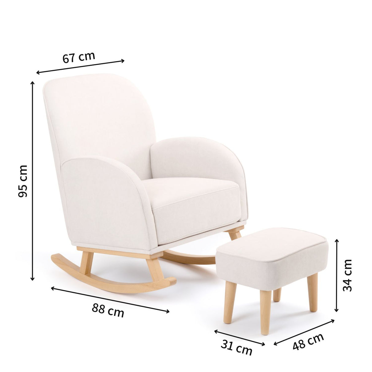 Babymore Freya Nursing Chair and Stool Set in Cream colour with dimensions