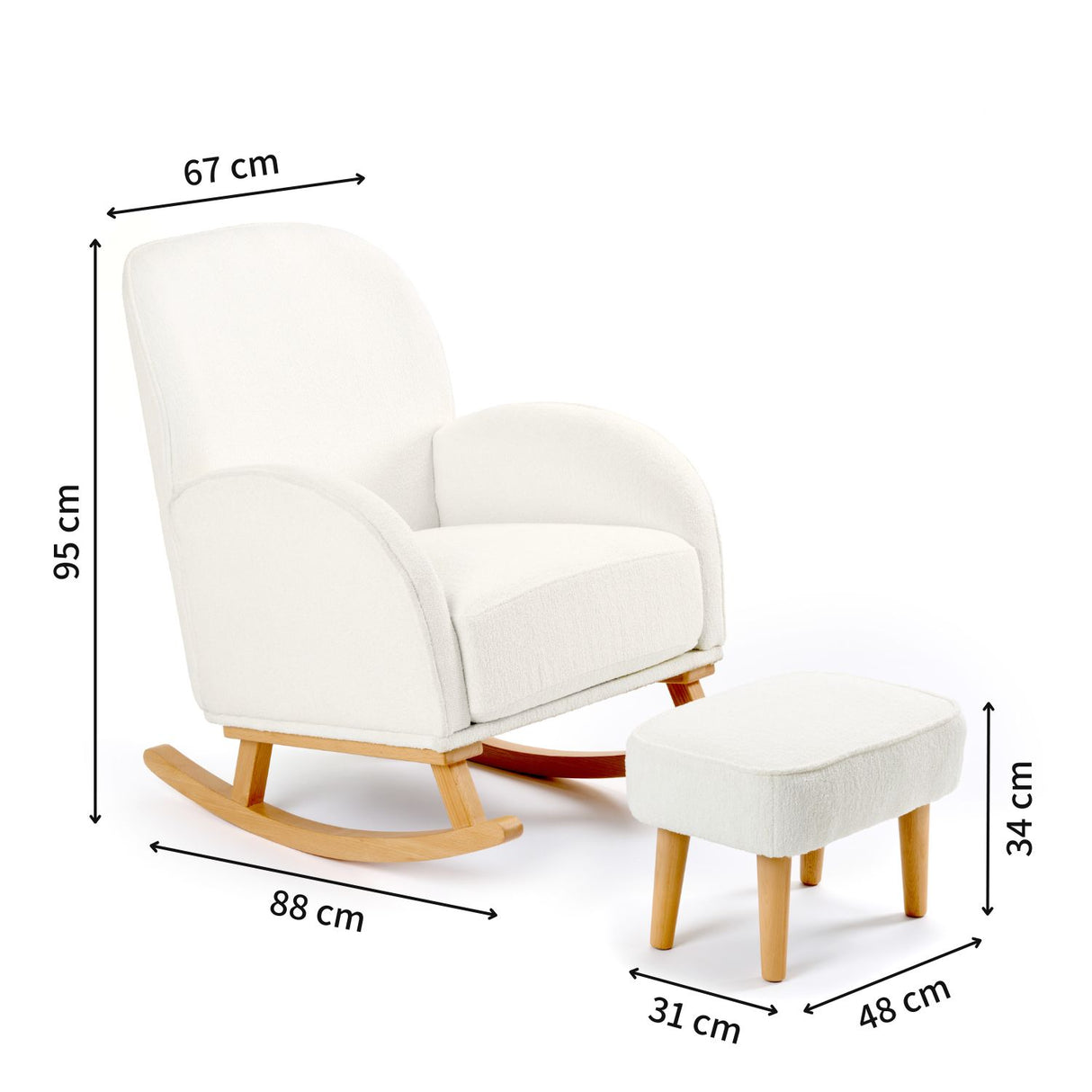 Babymore Freya Nursing Chair and Stool Set in Off White Boucle colour with dimensions