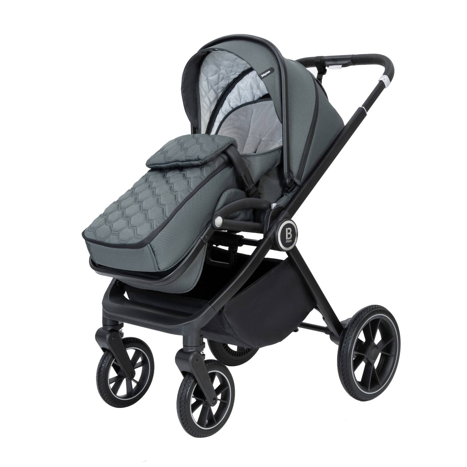 Babymore Kai pushchair with seat unit and footmuff attached in Forest Grey colour