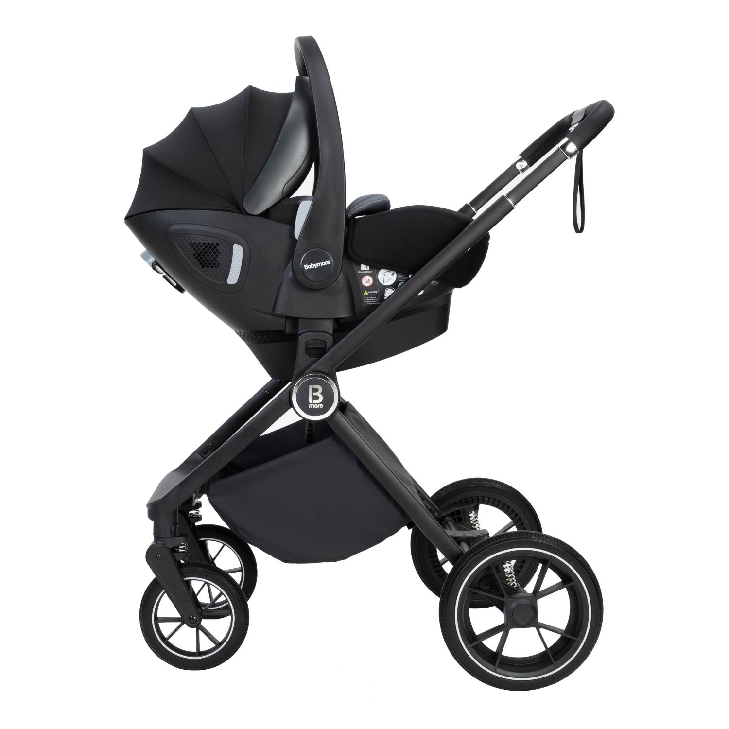 Babymore Kai frame with Pecan i-Size infant car seat attached