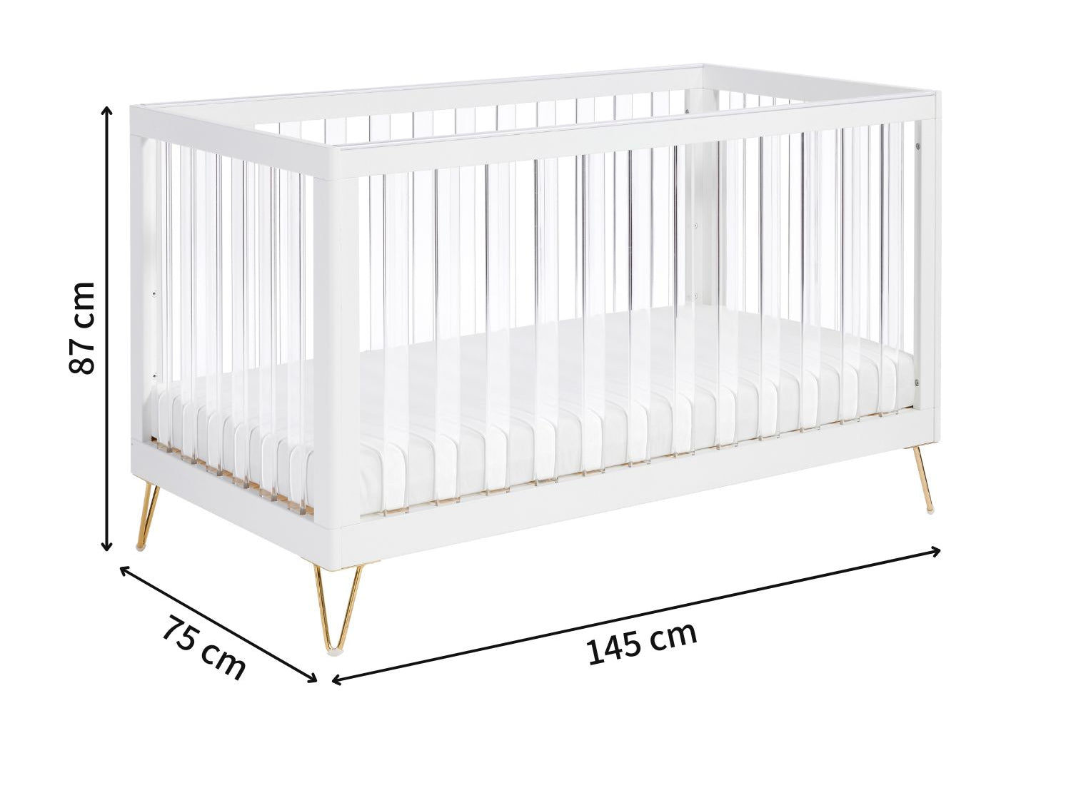Babymore Kimi XL Acrylic Cot Bed with dimensions