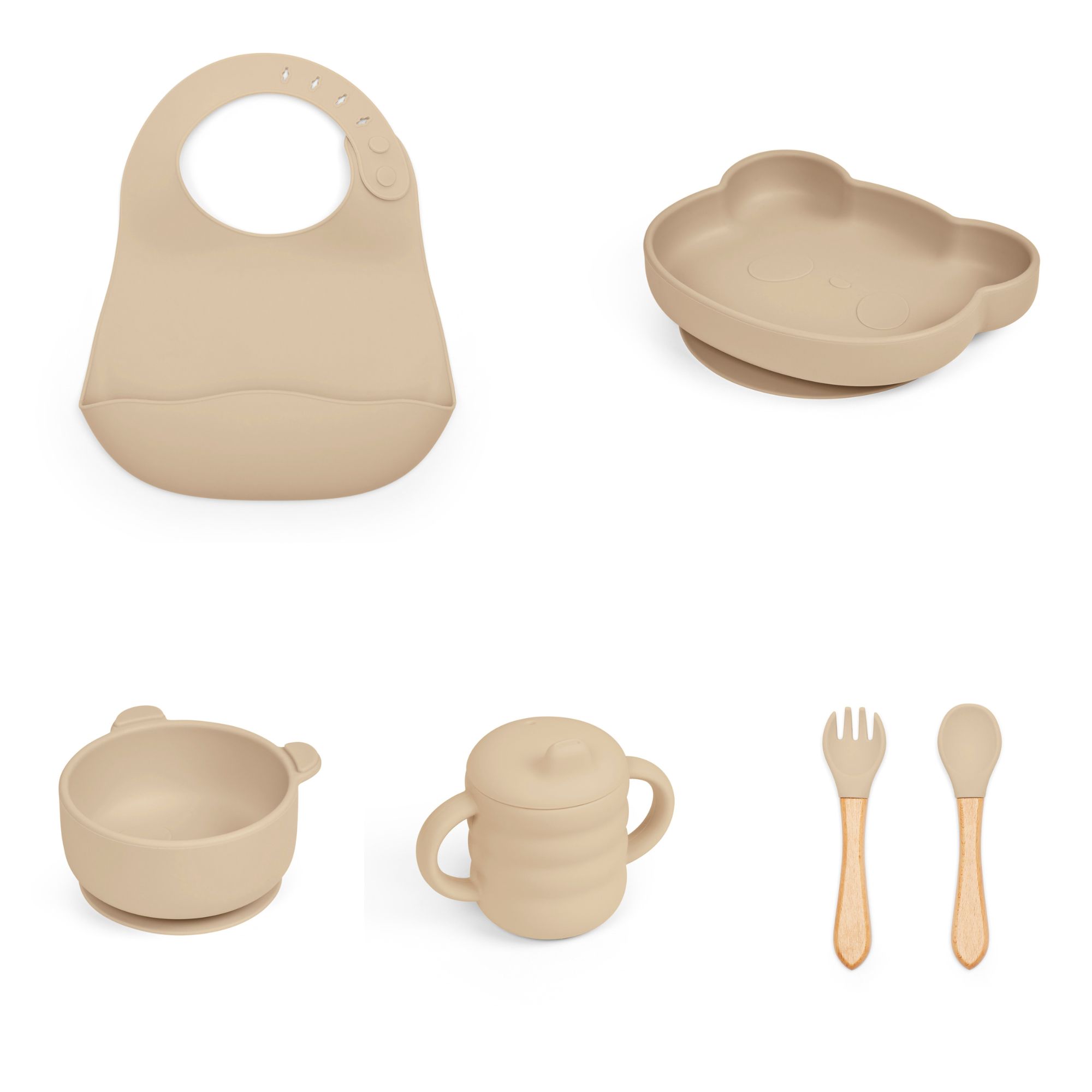 Included items in Ickle Bubba 6-Piece Silicone Baby Feeding Set in a grid layout