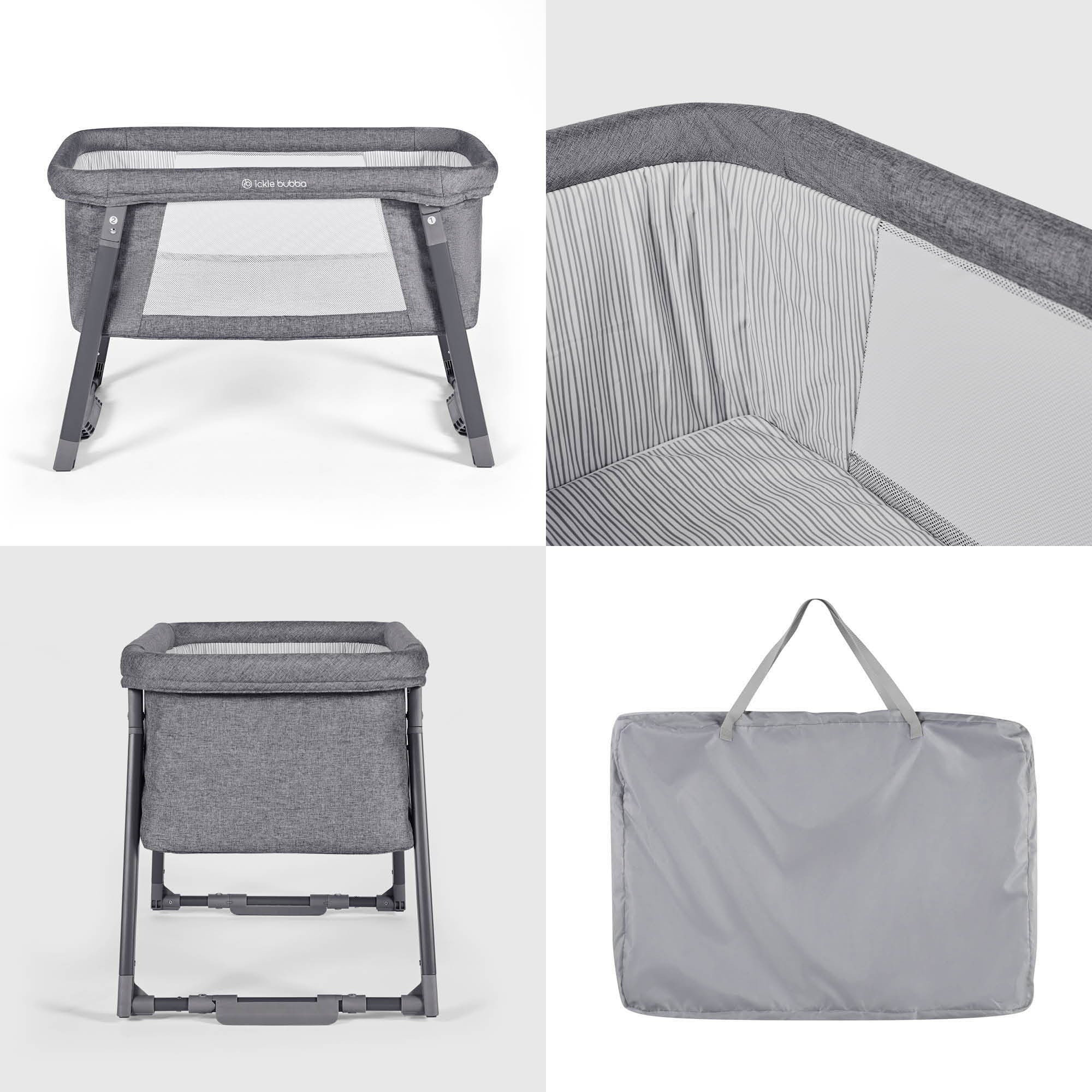 Ickle Bubba Mini Rocker Crib with carry bag in grid layout
