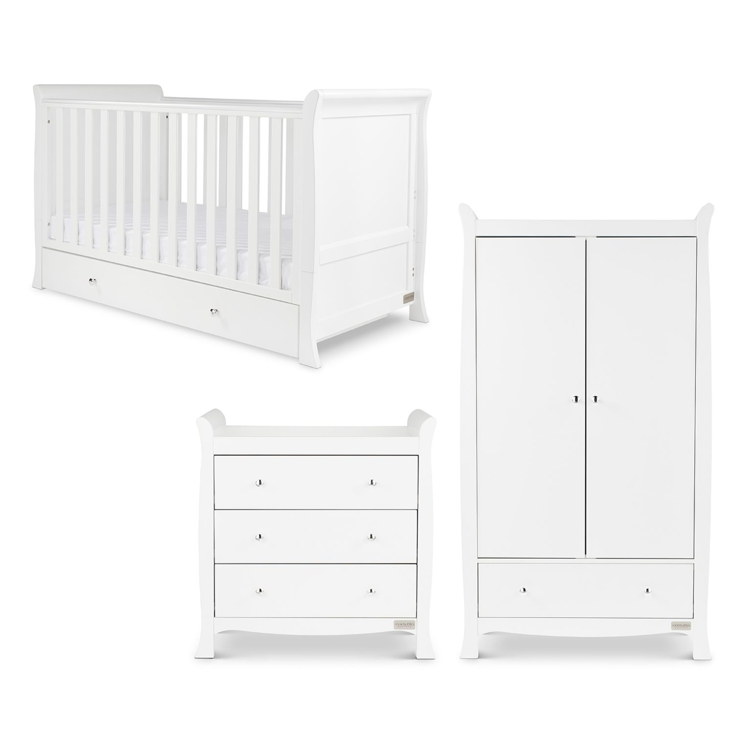 Cot Bed, Changing Unit, and Wardrobe included in Ickle Bubba Snowdon Classic 3-Piece Furniture Set