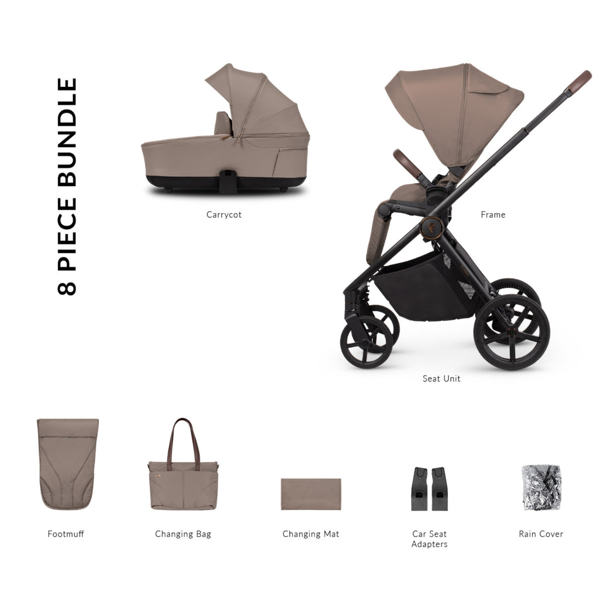 8-piece bundle of Venicci Claro 2-in-1 Pram in Almond colour 