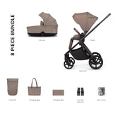 8-piece bundle of Venicci Claro 2-in-1 Pram in Almond colour 