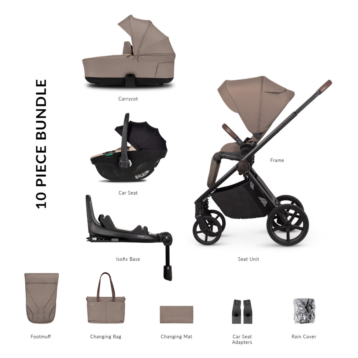 10-piece bundle of Venicci Claro 3-in-1 Complete Travel System in Almond colour with Tiago Car Seat in beige and ISOFIX Base