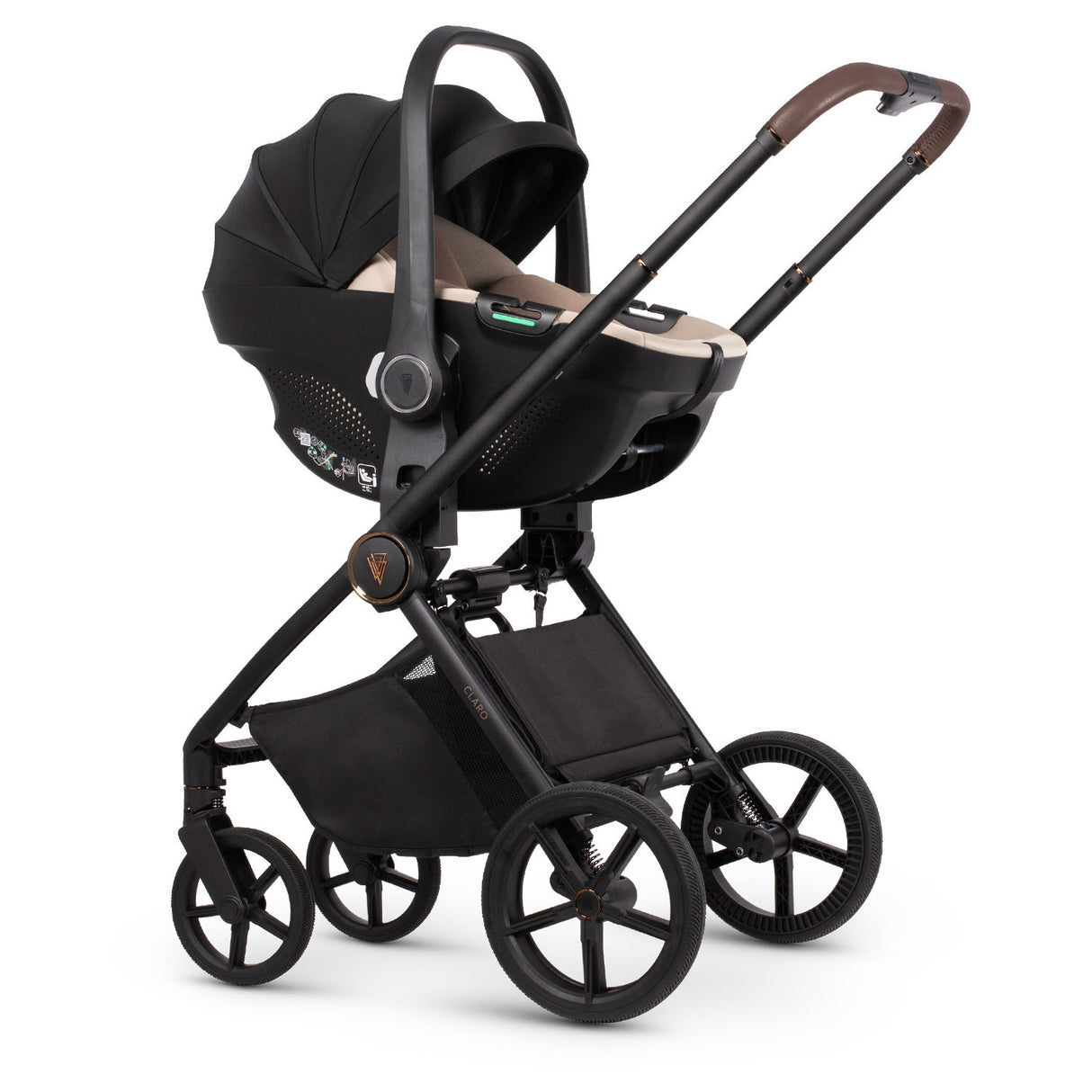 Venicci Claro 3-in-1 Complete Travel System in Almond colour bundled with Tiago Car Seat in Beige colour and ISOFIX Base