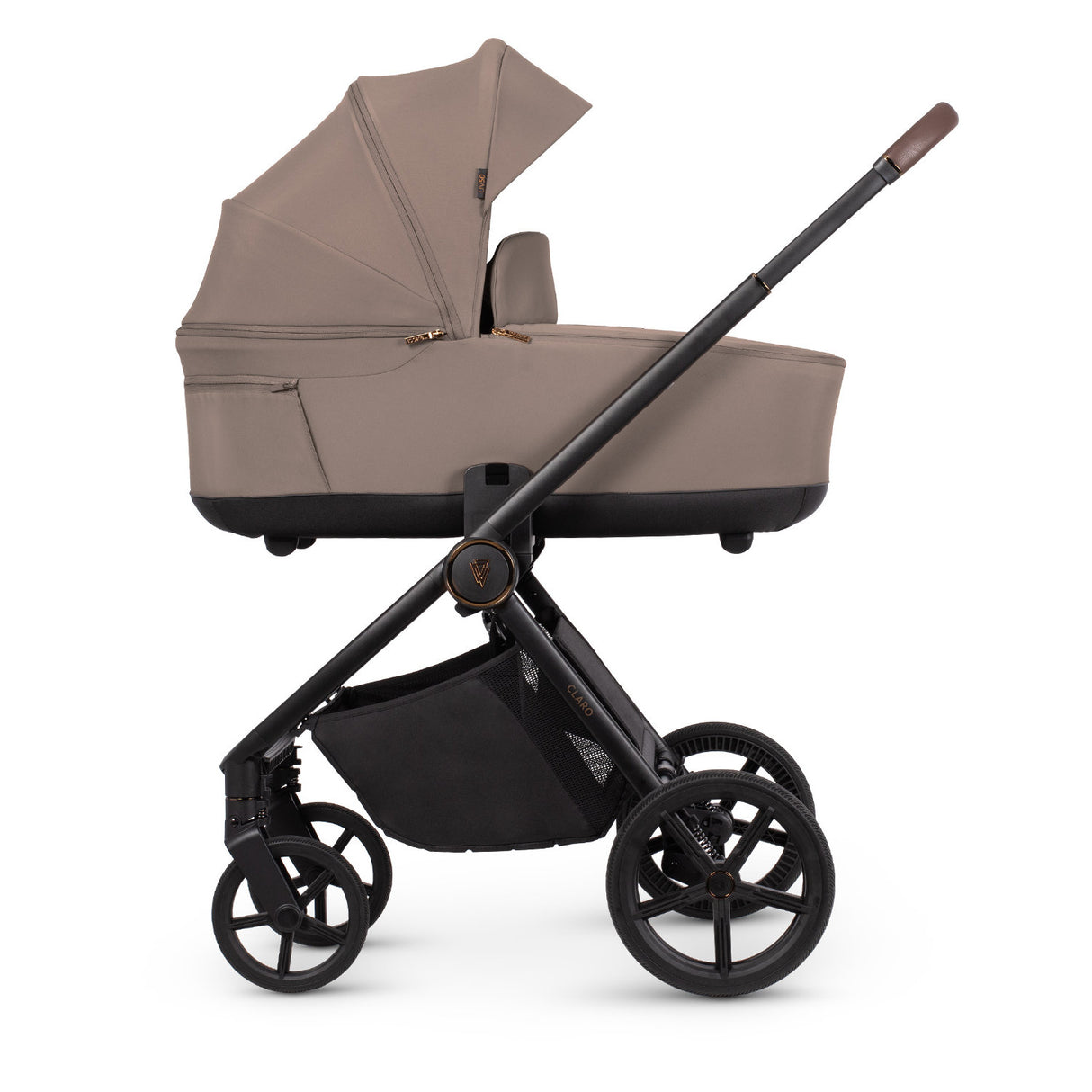 Side view of Venicci Claro with carrycot attached in Almond colour