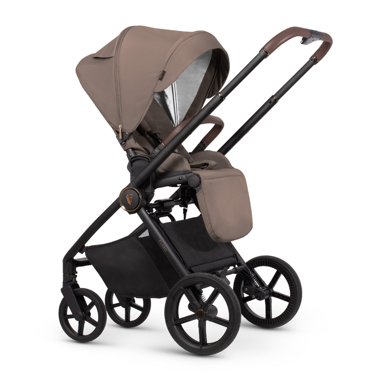 Venicci Claro 3-in-1 Complete Travel System with Tiago Car Seat and ISOFIX Base with seat unit attached in Almond colour