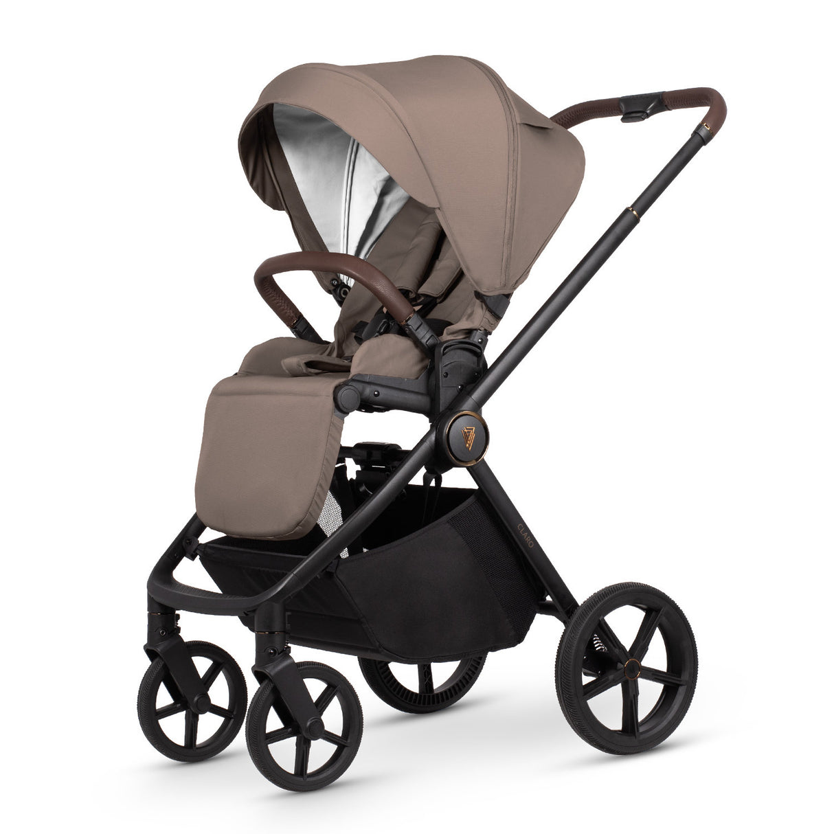 Angled view of Venicci Claro 3-in-1 Complete Travel System in Almond colour with seat unit attached