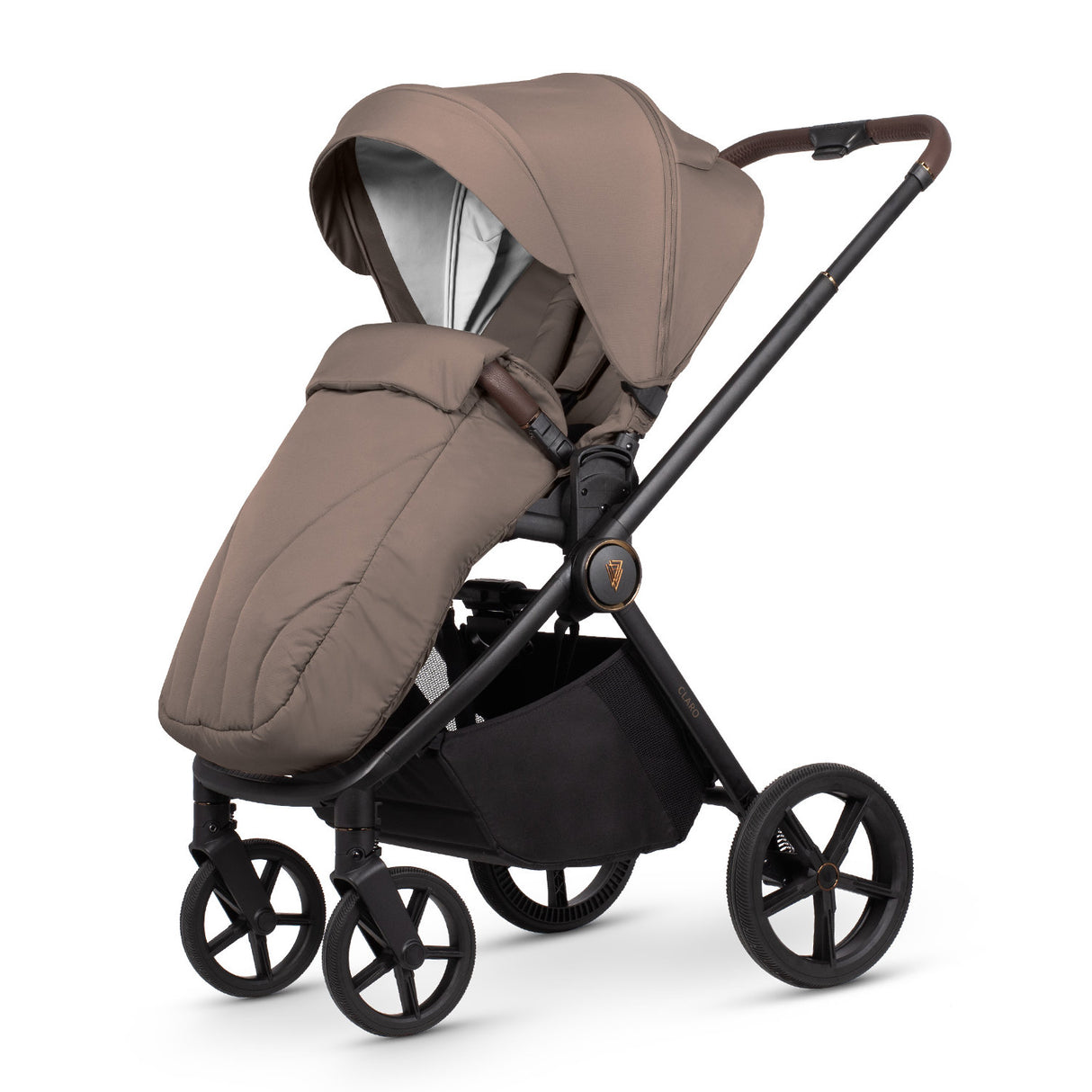 Venicci Claro 3-in-1 Complete Travel System with Tiago Car Seat and ISOFIX Base with footmuff attached in Almond colour