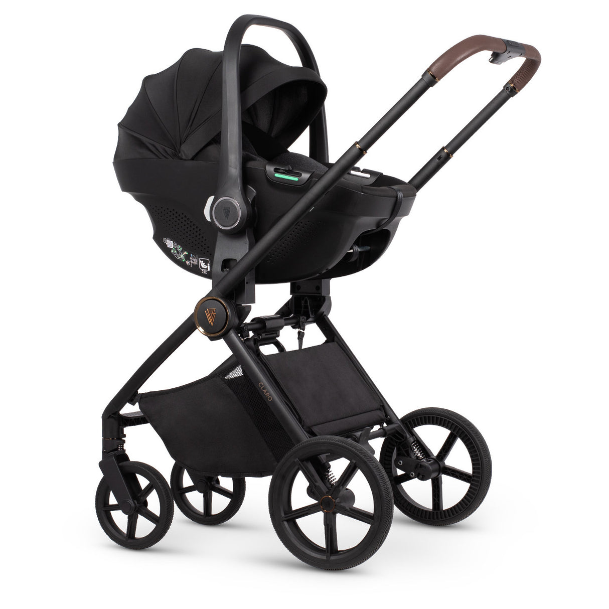 Venicci Claro 3-in-1 Complete Travel System in Almond colour bundled with Tiago Car Seat in Black colour and ISOFIX Base