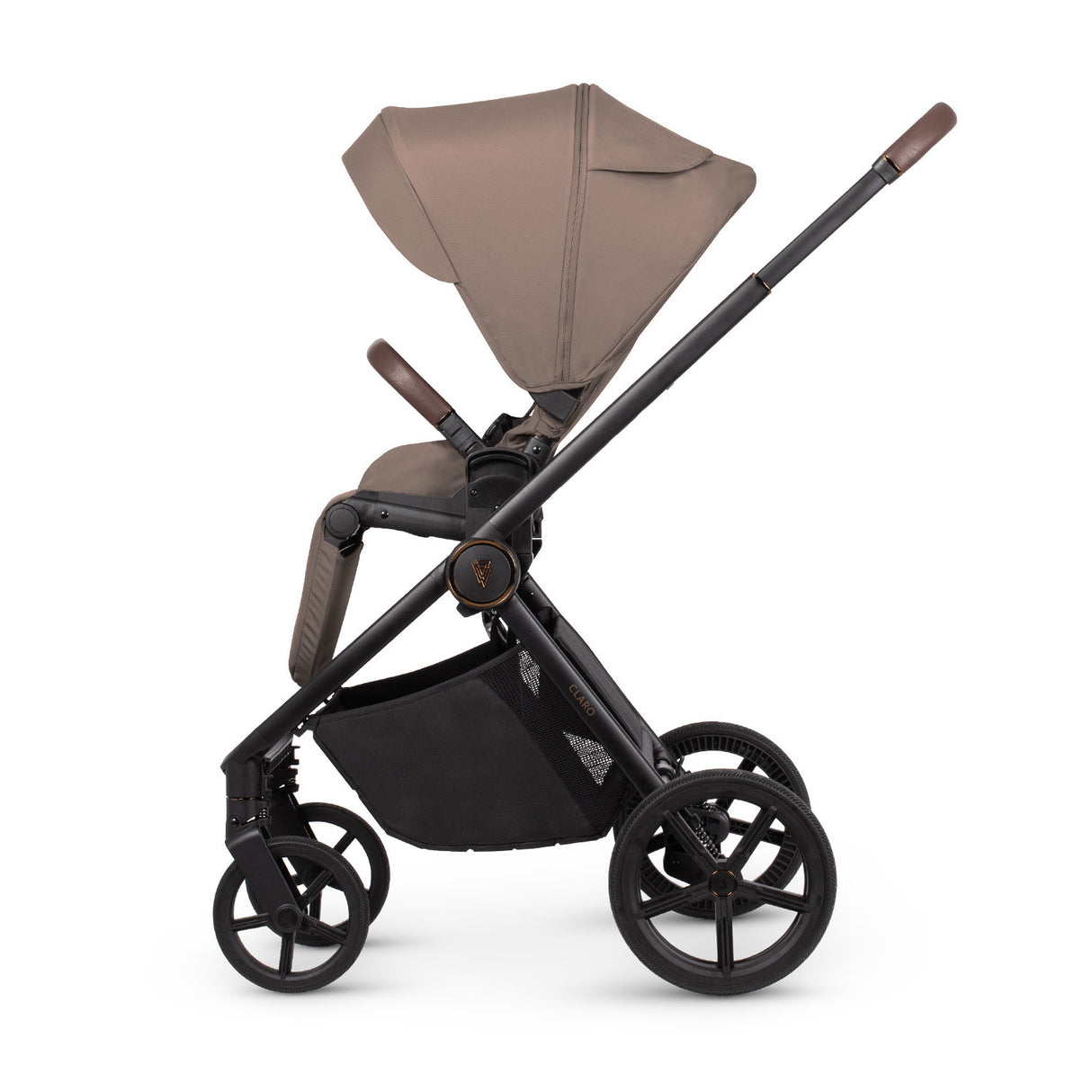 Side view of Venicci Claro 3-in-1 Complete Travel System in Almond colour with seat unit attached
