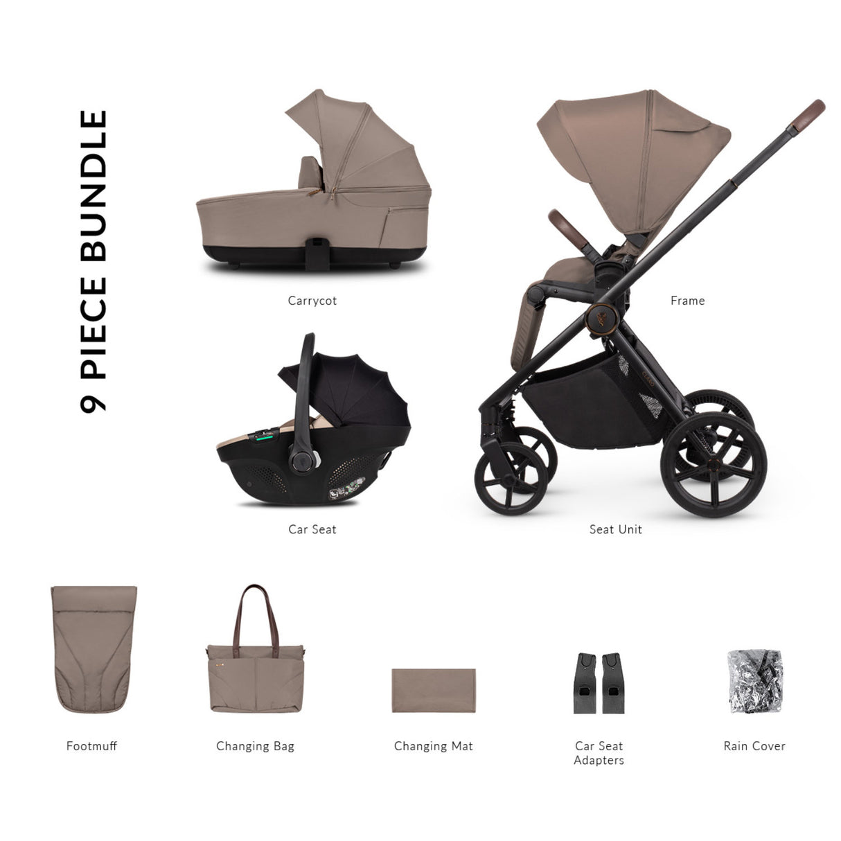 9-piece bundle of Venicci Claro 3-in-1 Travel System in Almond colour with Tiago Car Seat in beige