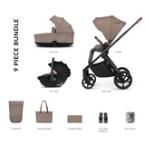 9-piece bundle of Venicci Claro 3-in-1 Travel System in Almond colour with Tiago Car Seat in beige