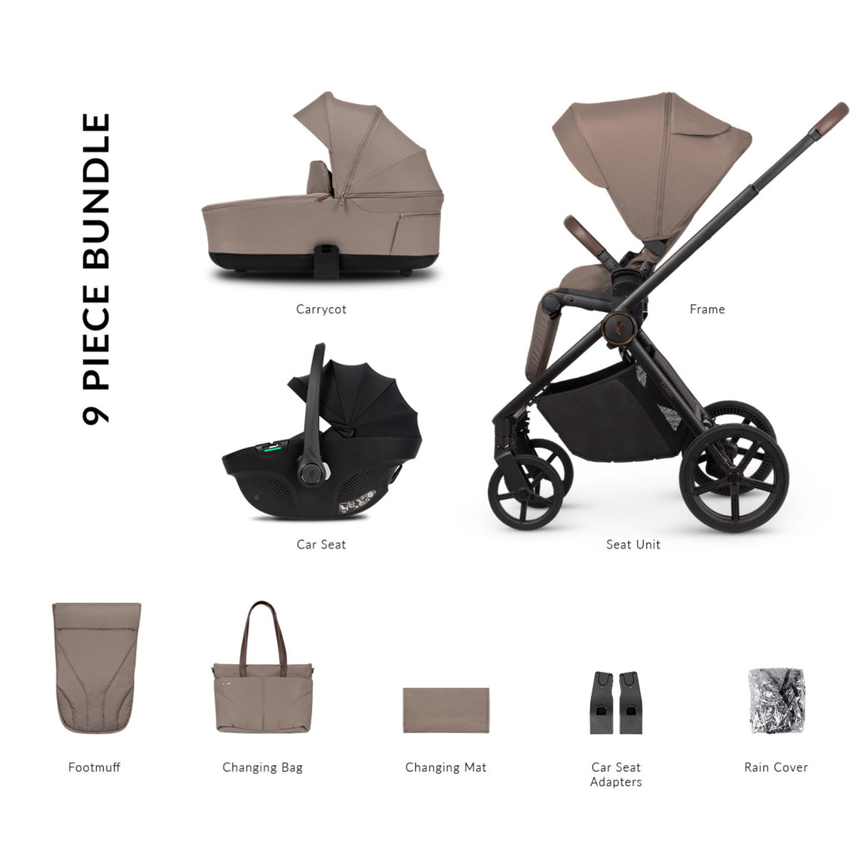 9-piece bundle of Venicci Claro 3-in-1 Travel System in Almond colour with Tiago Car Seat in black