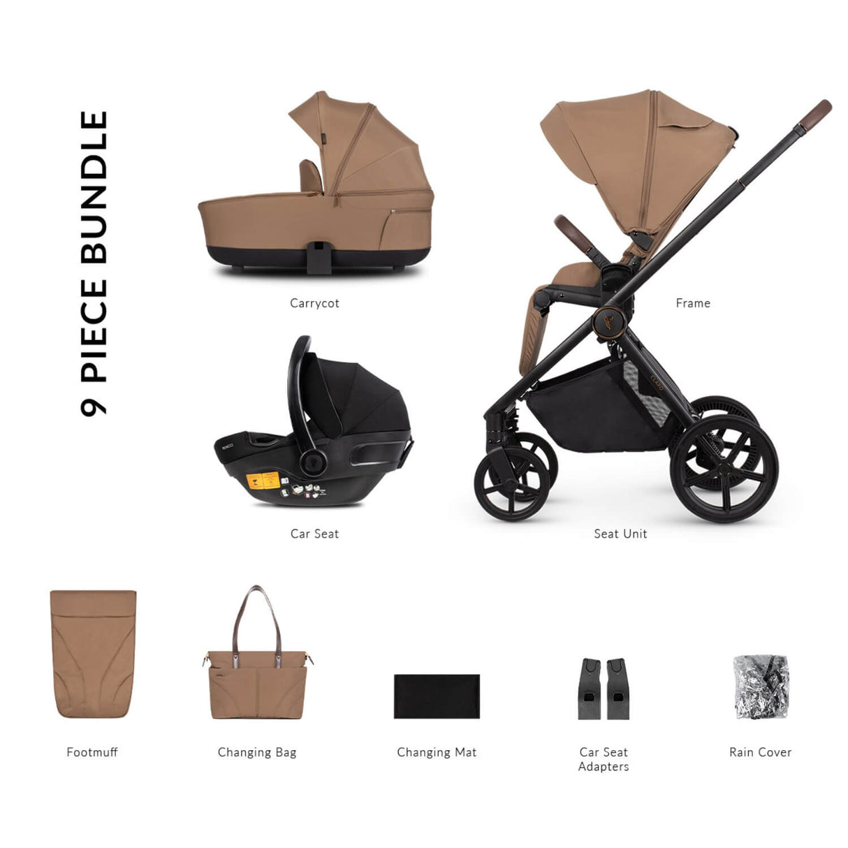 9-piece bundle of Venicci Claro 3-in-1 Travel System in Caramel brown colour