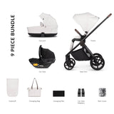 9-piece bundle of Venicci Claro 3-in-1 Travel System in Vanilla white colour