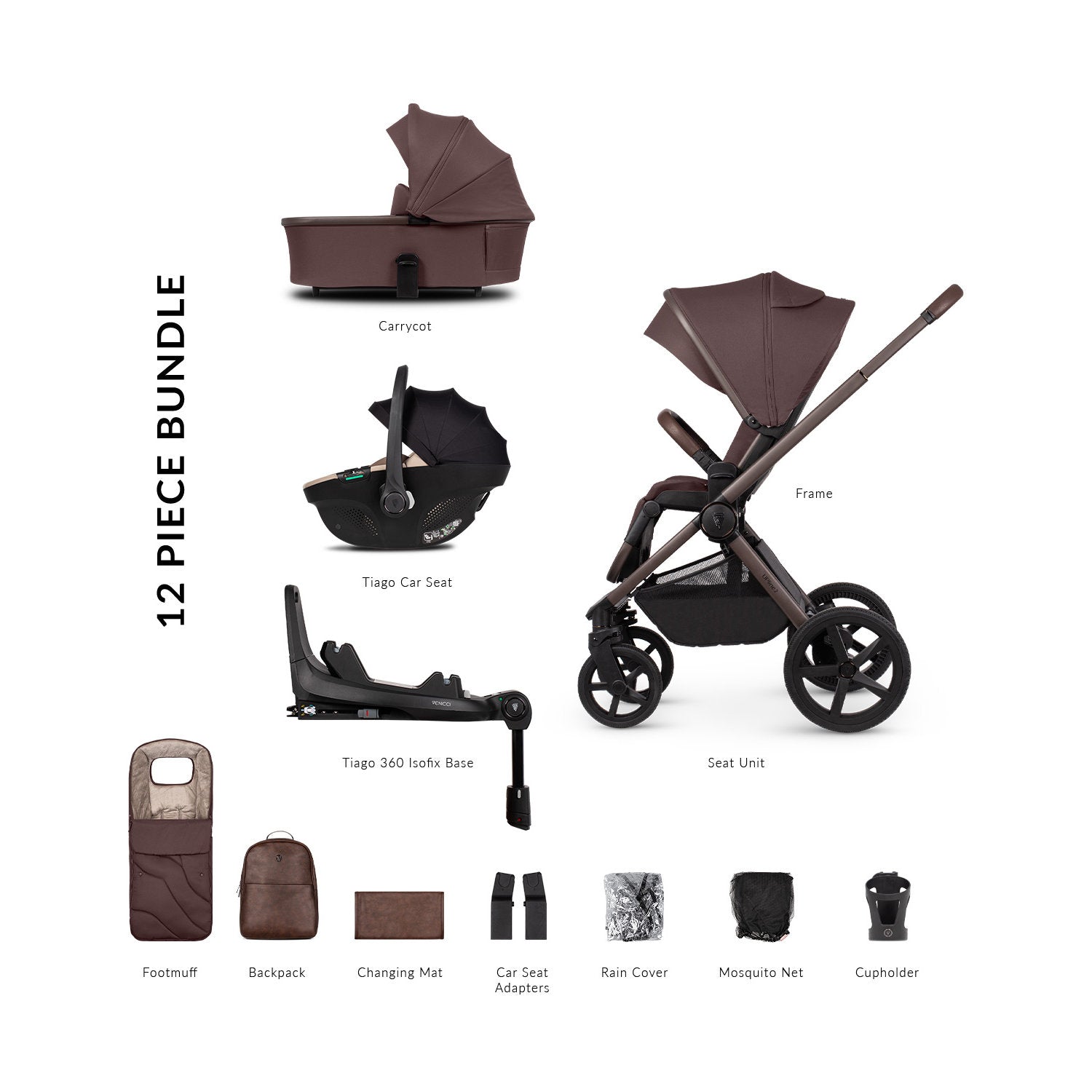 Venicci Upline 2 in 12-piece complete travel system bundle (with Tiago car seat and ISOFIX base)