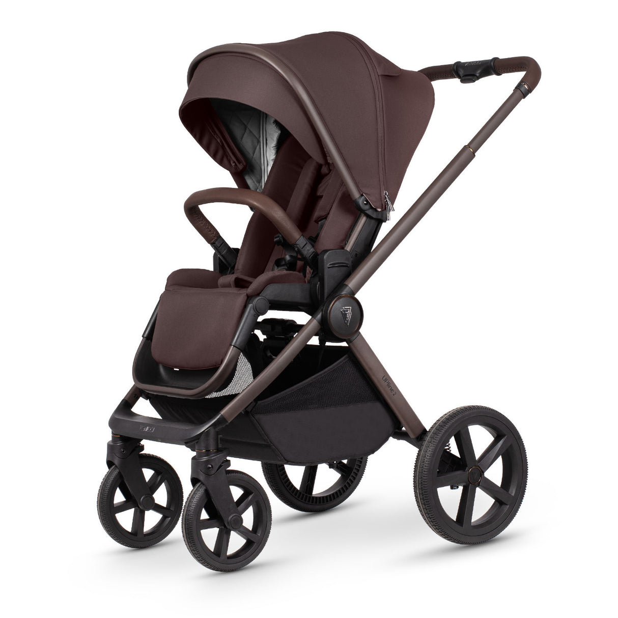 Angled view of Venicci Upline 2 Special Edition (SE) Pushchair in Burgundy colour with seat unit attached